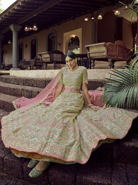Myra Beautiful Green Heavy Embroidered Georgette Bridal Lehenga | Grocsy