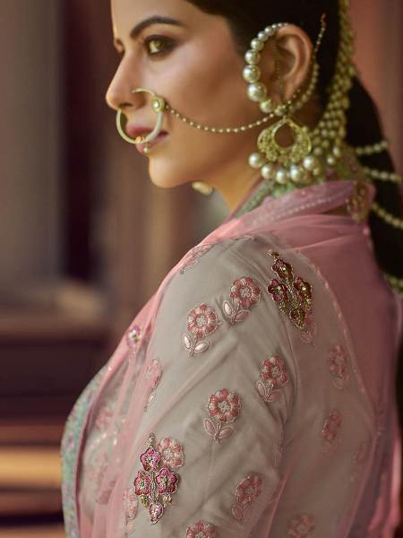 Myra Green Heavy Embroidered Georgette Bridal Lehenga | Grocsy