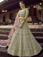 Myra Green Heavy Embroidered Georgette bridal Lehenga | Grocsy