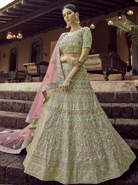 Myra Green Heavy Embroidered Georgette bridal Lehenga | Grocsy