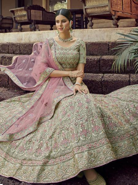 Myra Green Heavy Embroidered Georgette Bridal Lehenga | Grocsy
