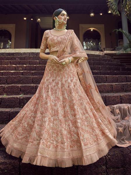Myra Peach Heavy Embroidered Georgette Bridal Lehenga | Grocsy