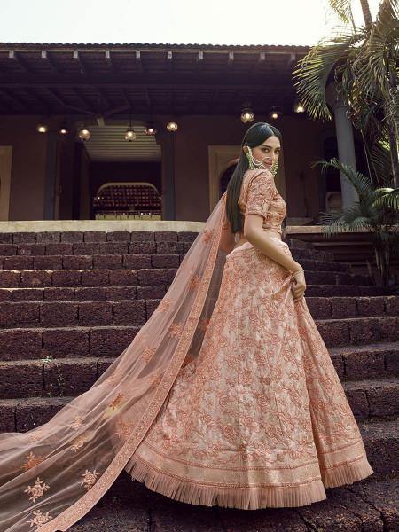 Myra Peach Heavy Embroidered Georgette Bridal Lehenga | Grocsy