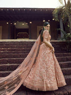 Myra Peach Heavy Embroidered Georgette Bridal Lehenga | Grocsy