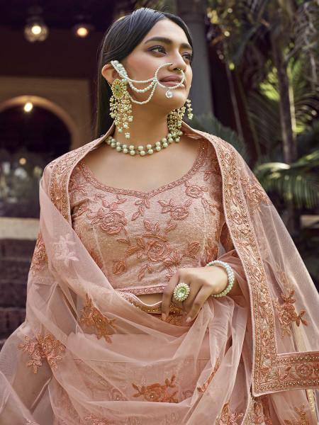 Myra Peach Heavy Embroidered Georgette Bridal Lehenga | Grocsy