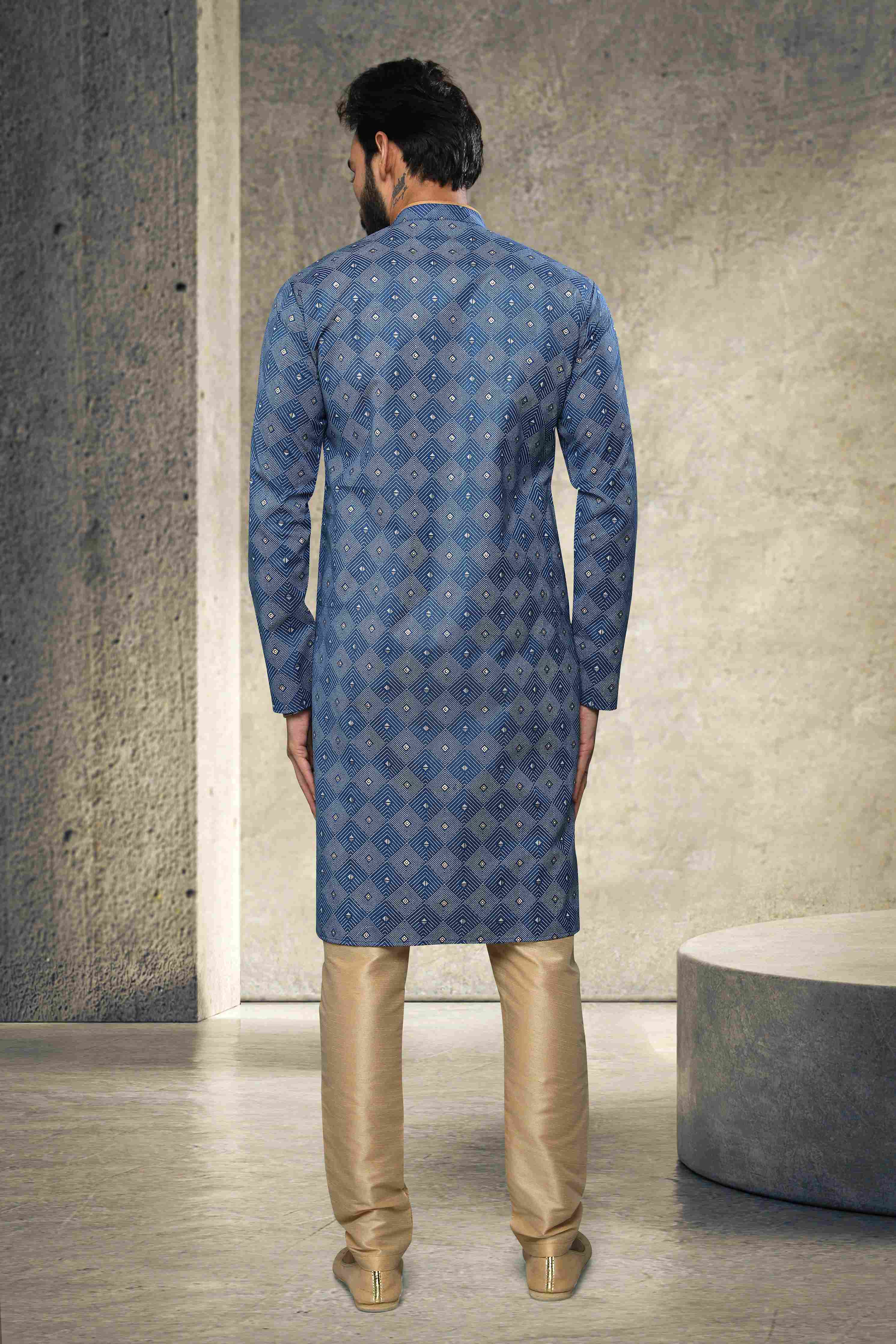 Raivat Ethnic Cotton Printed Work Kurta Pajama In Blue Colour | Grocsy