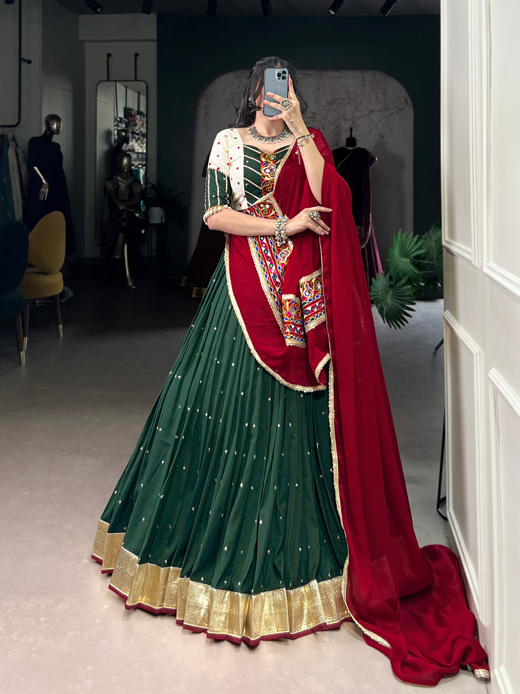 Lorenvalley Green Chiffon Sequins And Thread Embroidery Work With Embossed Design Lace Touch Up Lehenga Choli with Dupatta | Grocsy