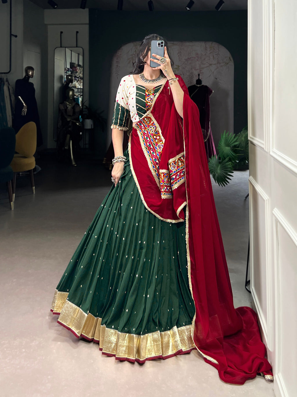 Lorenvalley Green Chiffon Sequins And Thread Embroidery Work With Embossed Design Lace Touch Up Lehenga Choli with Dupatta | Grocsy