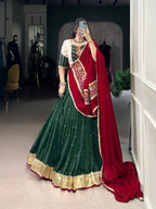 Lorenvalley Green Chiffon Sequins And Thread Embroidery Work With Embossed Design Lace Touch Up Lehenga Choli with Dupatta | Grocsy