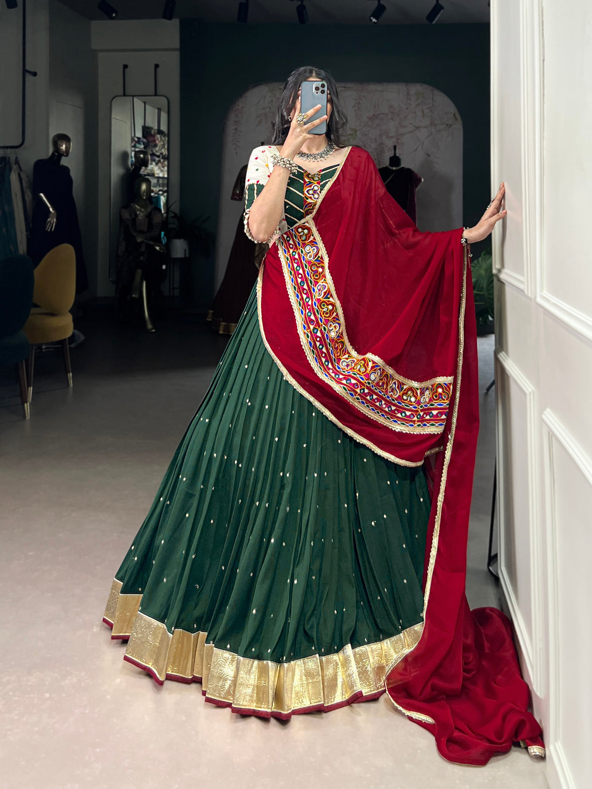 Lorenvalley Green Chiffon Sequins And Thread Embroidery Work With Embossed Design Lace Touch Up Lehenga Choli with Dupatta | Grocsy