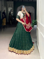Lorenvalley Green Chiffon Sequins And Thread Embroidery Work With Embossed Design Lace Touch Up Lehenga Choli with Dupatta | Grocsy