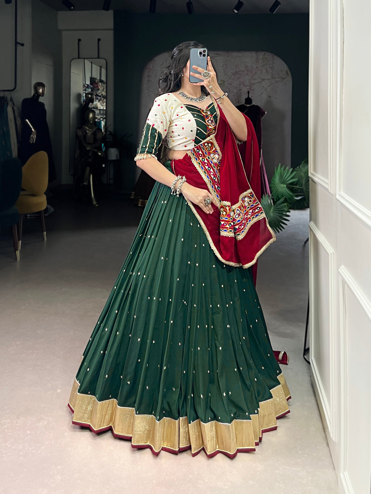 Lorenvalley Green Chiffon Sequins And Thread Embroidery Work With Embossed Design Lace Touch Up Lehenga Choli with Dupatta | Grocsy