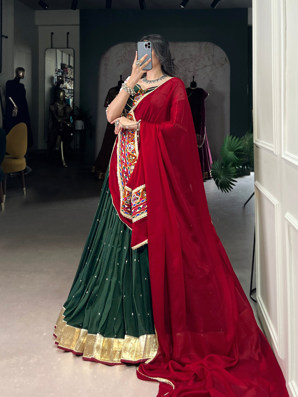 Lorenvalley Green Chiffon Sequins And Thread Embroidery Work With Embossed Design Lace Touch Up Lehenga Choli with Dupatta | Grocsy