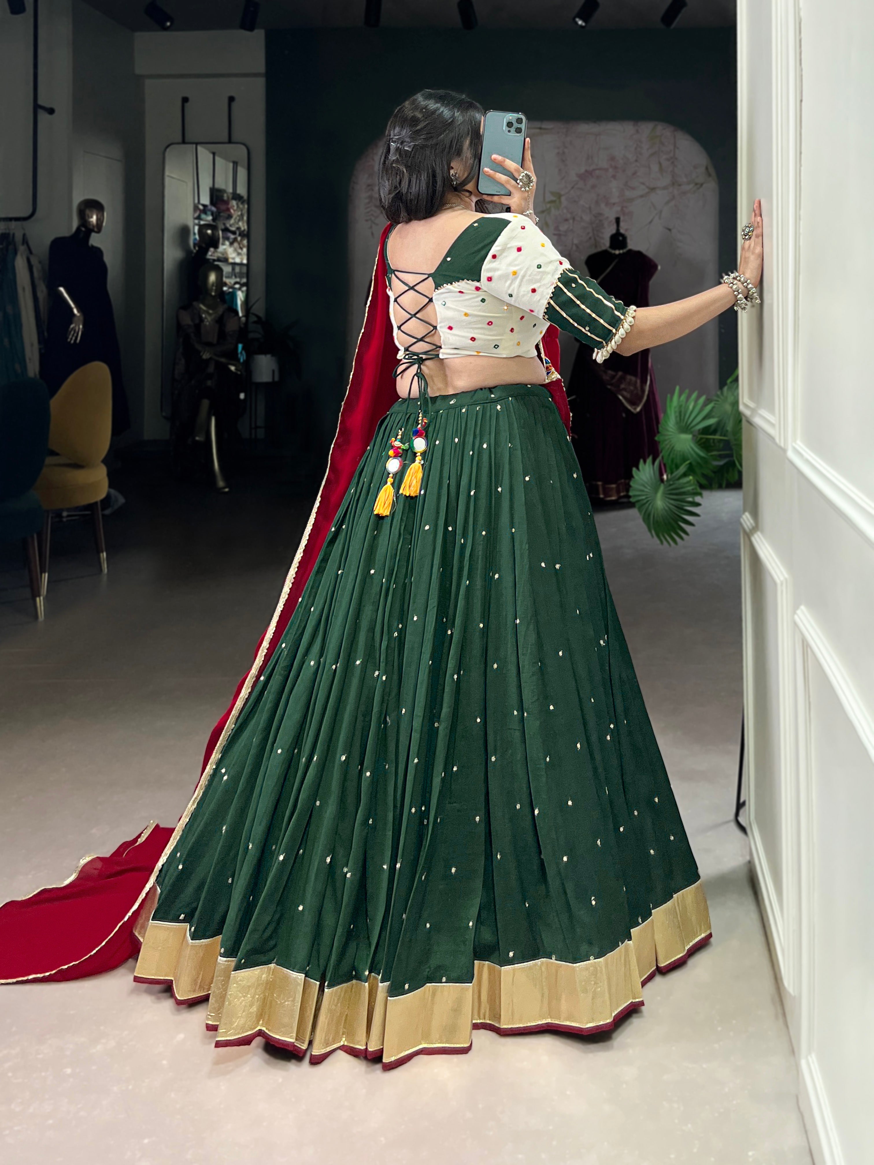 Lorenvalley Green Chiffon Sequins And Thread Embroidery Work With Embossed Design Lace Touch Up Lehenga Choli with Dupatta | Grocsy
