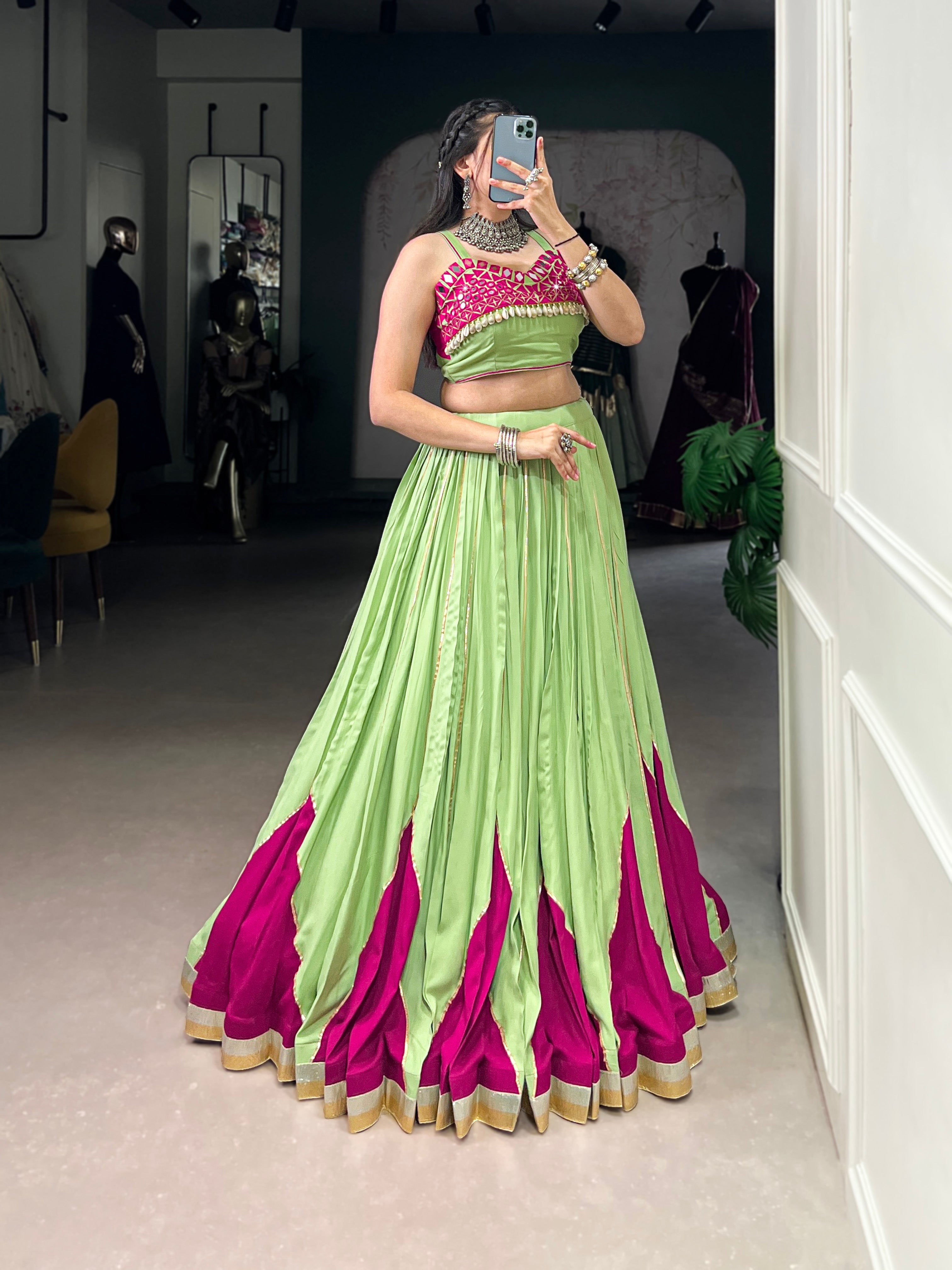Lorenvalley Fashion Parrot Pure Rayon Embossed Design With Gotta Patti Lace Touch Up Lehenga Choli | Grocsy