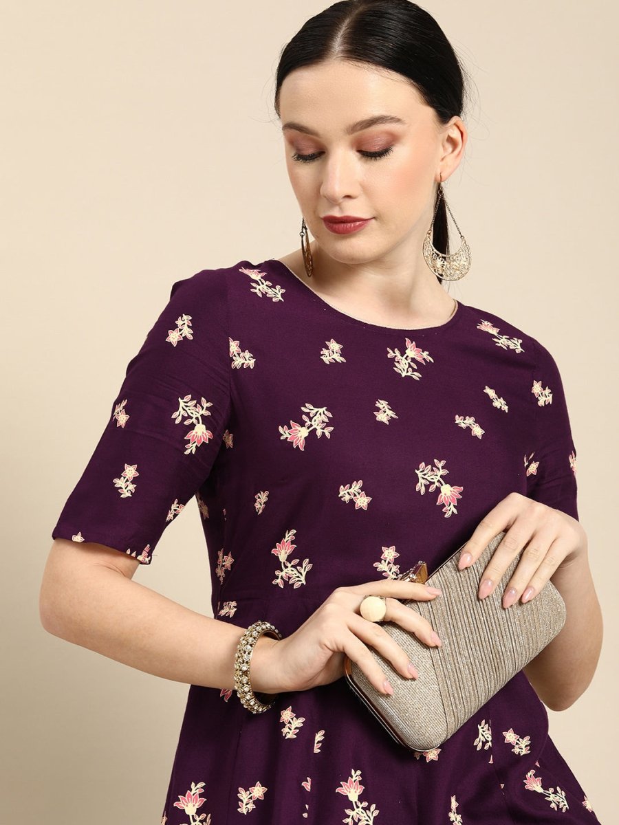 All About You Women Purple Floral Print Regular Kurta with Trousers | Grocsy