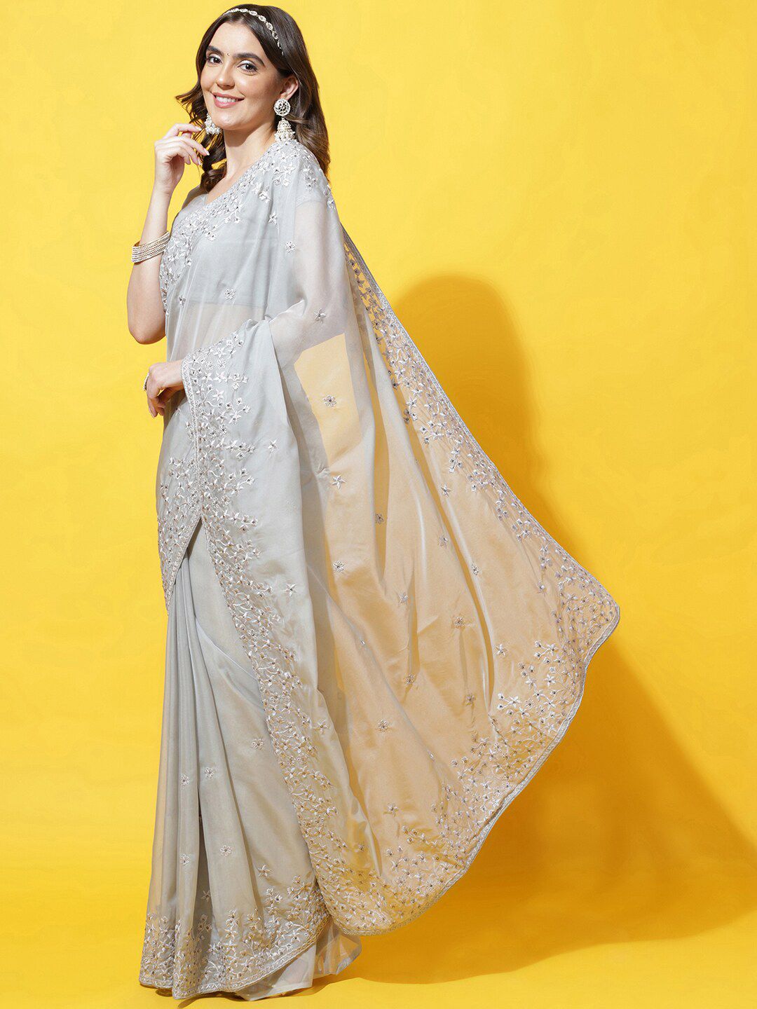kasee Floral Embroidered Organza Saree | Grocsy