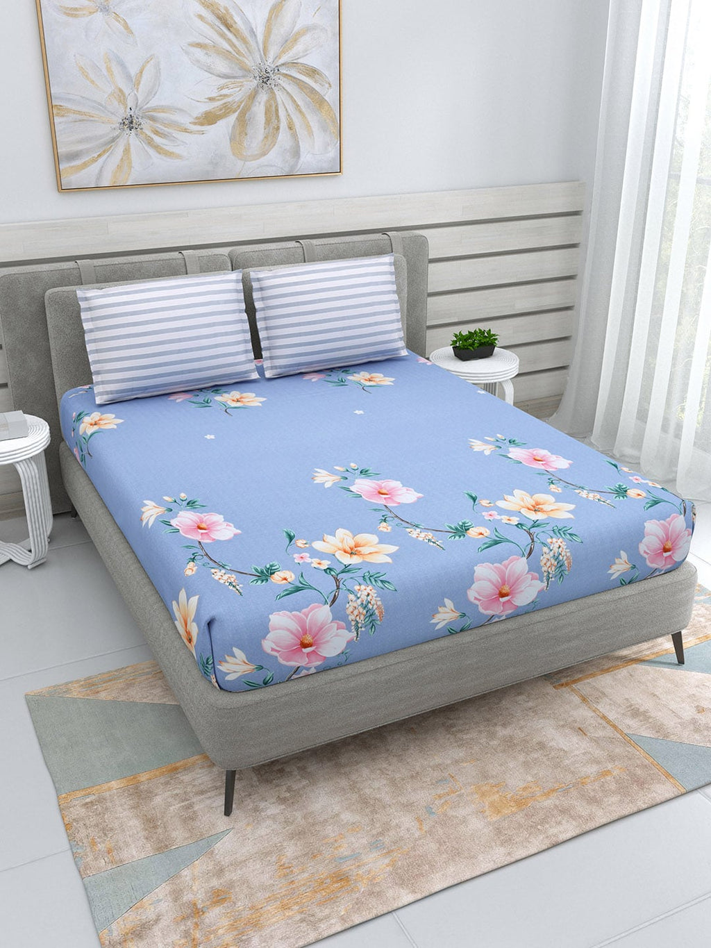 DREAM WEAVERZ Blue & Pink Floral Glazed Cotton 220 TC King Bedsheet with 2 Pillow Covers | Grocsy