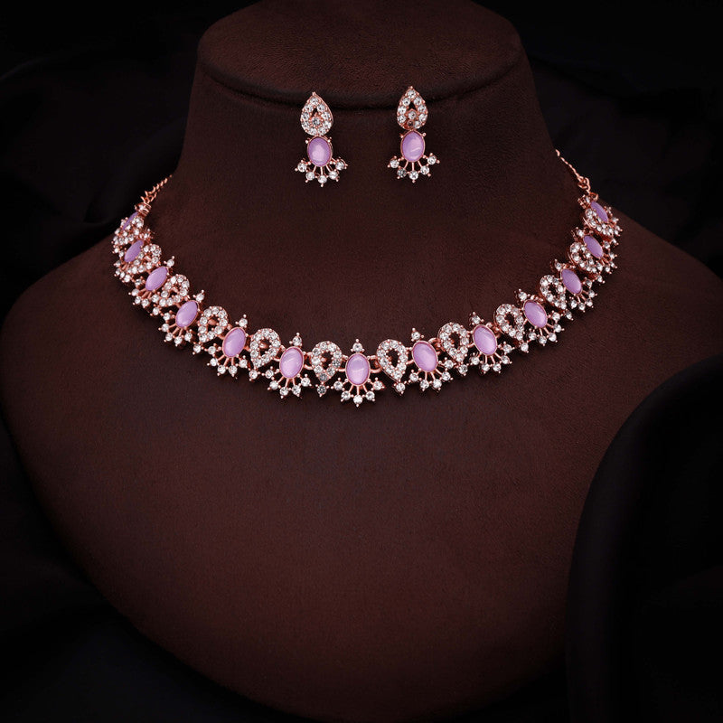 Tehzeeb Creations Lavender Colour Ad Studded Necklace Jewellery Set With Matching Earrings For Women And Girls | Grocsy