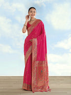 Monjolika Fashion Rani Pink Banarasi Satin Silk Saree With Zari Border And Butti Work | Grocsy