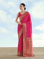 Monjolika Fashion Rani Pink Banarasi Satin Silk Saree With Zari Border And Butti Work | Grocsy