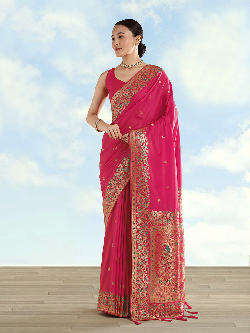 Monjolika Fashion Rani Pink Banarasi Satin Silk Saree With Zari Border And Butti Work | Grocsy