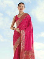 Monjolika Fashion Rani Pink Banarasi Satin Silk Saree With Zari Border And Butti Work | Grocsy