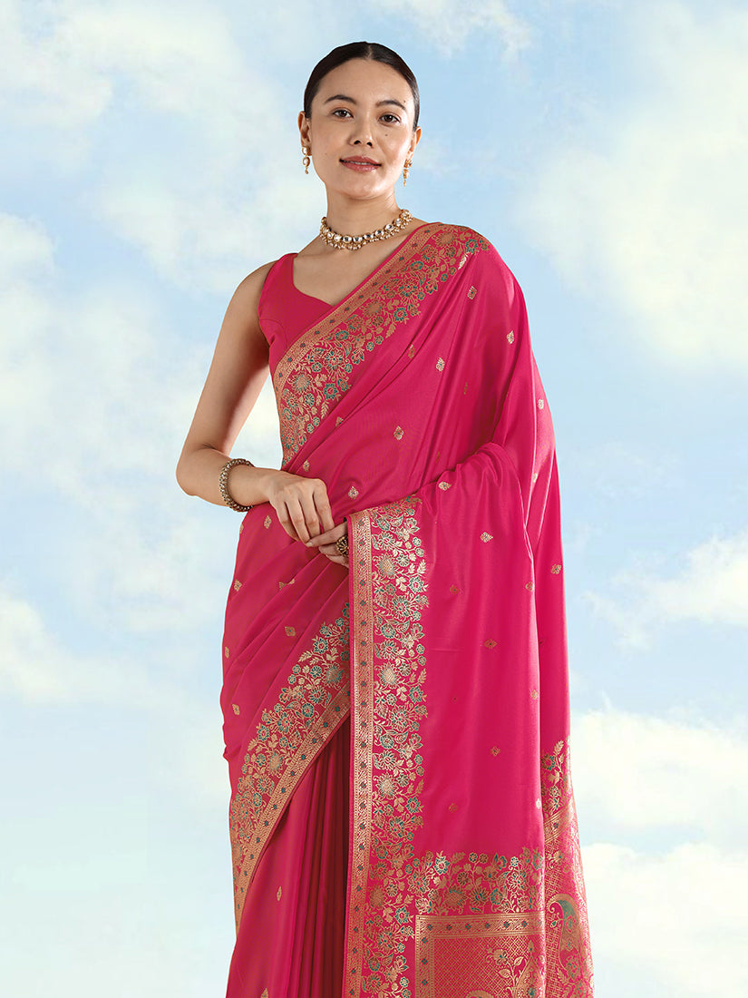 Monjolika Fashion Rani Pink Banarasi Satin Silk Saree With Zari Border And Butti Work | Grocsy