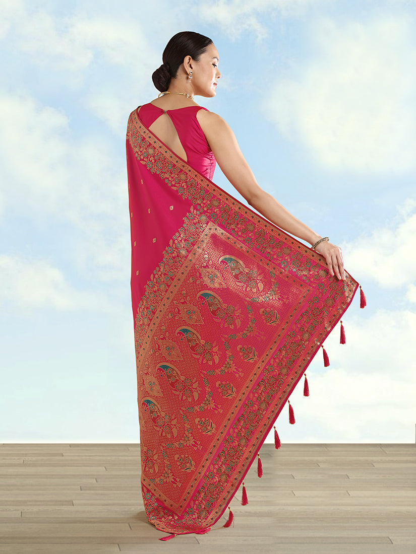 Monjolika Fashion Rani Pink Banarasi Satin Silk Saree With Zari Border And Butti Work | Grocsy
