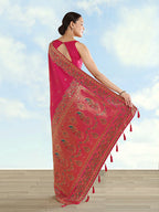Monjolika Fashion Rani Pink Banarasi Satin Silk Saree With Zari Border And Butti Work | Grocsy