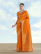 Monjolika Fashion Orange Banarasi Satin Silk Saree With Zari Border And Butti Work | Grocsy