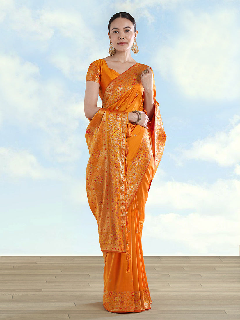 Monjolika Fashion Orange Banarasi Satin Silk Saree With Zari Border And Butti Work | Grocsy