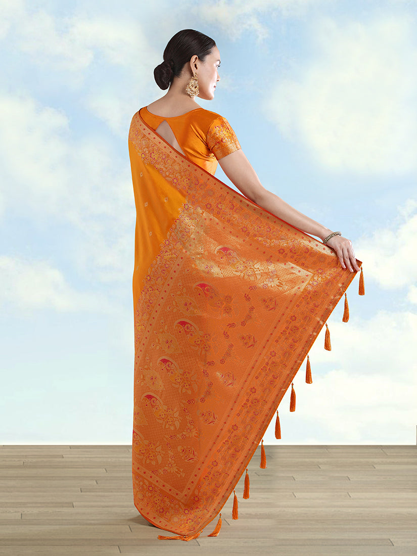 Monjolika Fashion Orange Banarasi Satin Silk Saree With Zari Border And Butti Work | Grocsy