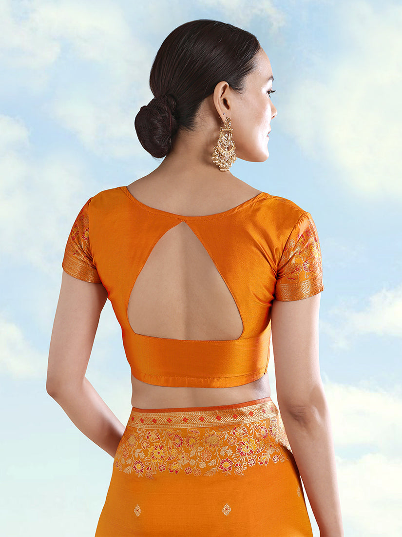 Monjolika Fashion Orange Banarasi Satin Silk Saree With Zari Border And Butti Work | Grocsy