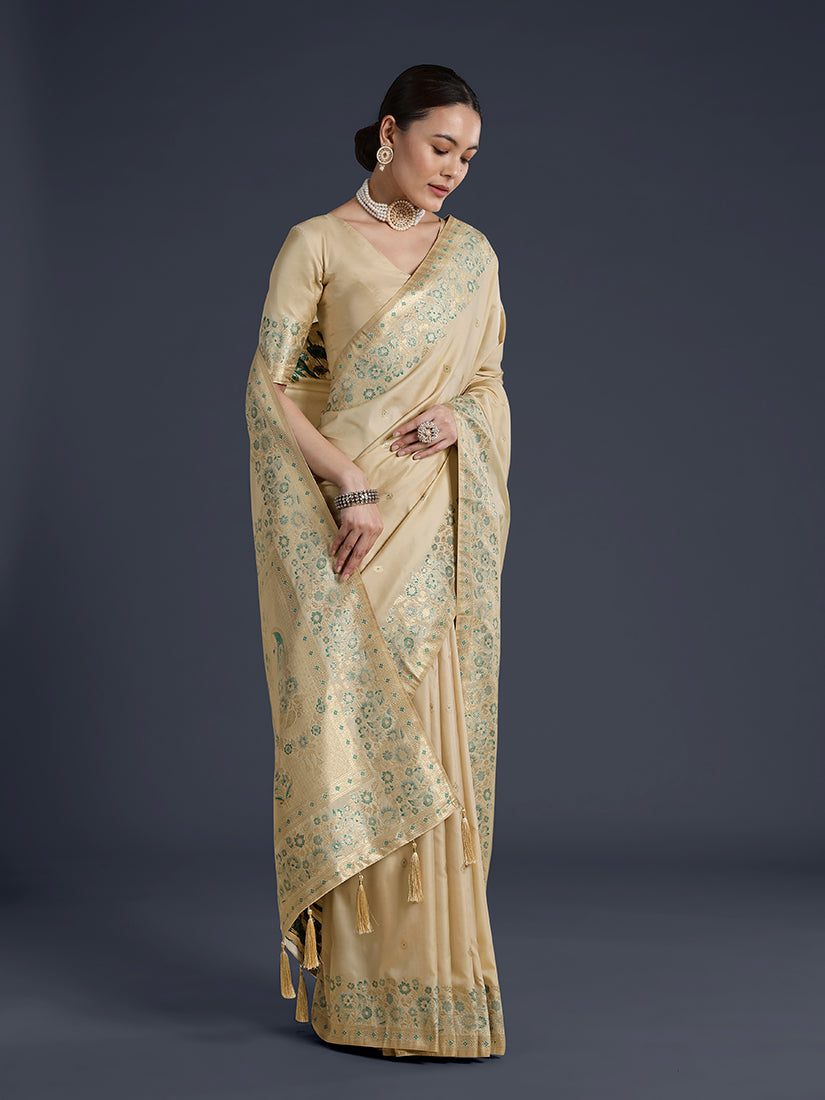 Monjolika Fashion Cream Banarasi Satin Silk Saree With Zari Border And Butti Work | Grocsy