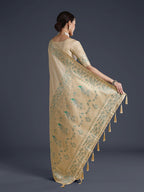 Monjolika Fashion Cream Banarasi Satin Silk Saree With Zari Border And Butti Work | Grocsy