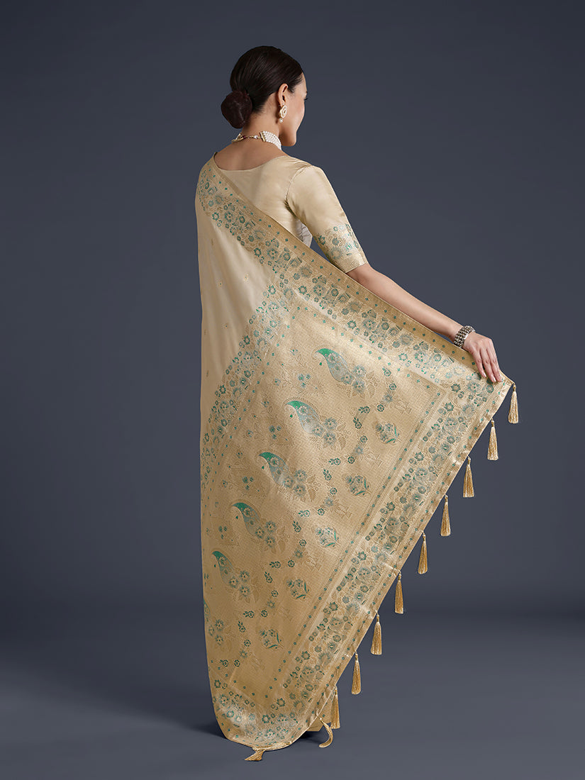Monjolika Fashion Cream Banarasi Satin Silk Saree With Zari Border And Butti Work | Grocsy