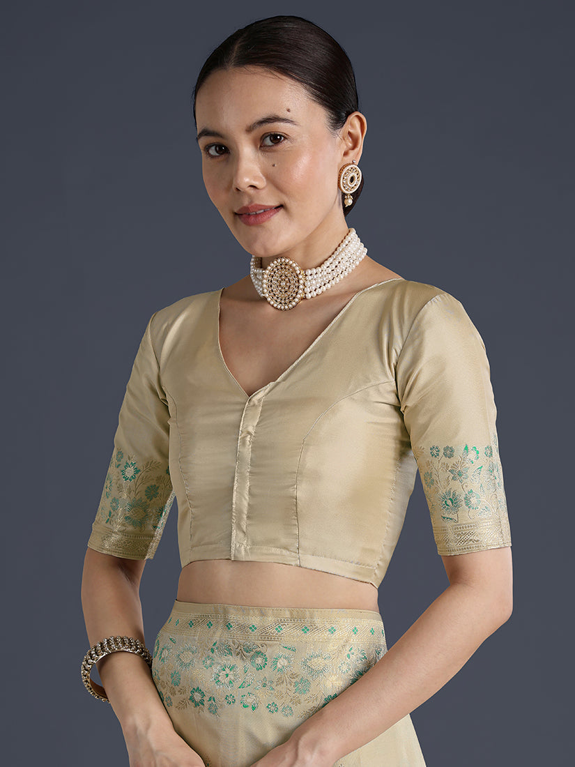 Monjolika Fashion Cream Banarasi Satin Silk Saree With Zari Border And Butti Work | Grocsy