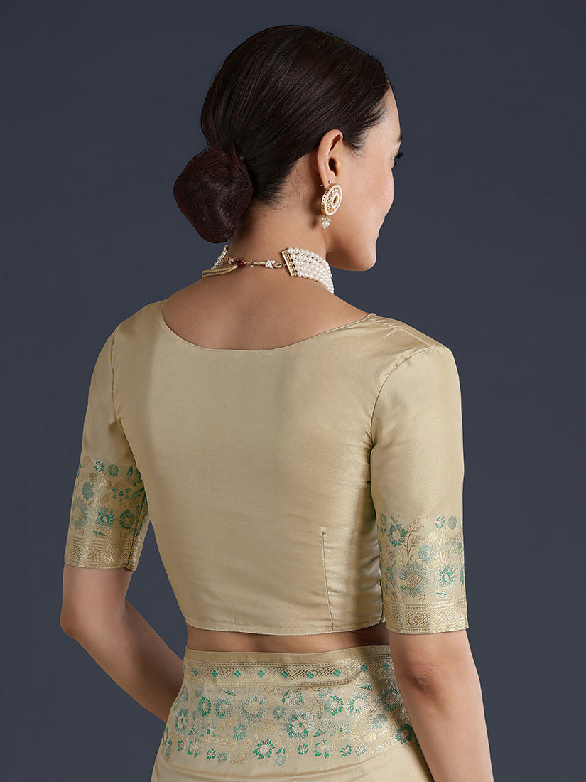 Monjolika Fashion Cream Banarasi Satin Silk Saree With Zari Border And Butti Work | Grocsy