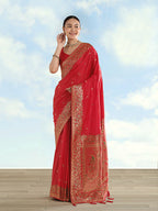 Monjolika Fashion Red Banarasi Satin Silk Saree With Zari Border And Butti Work | Grocsy