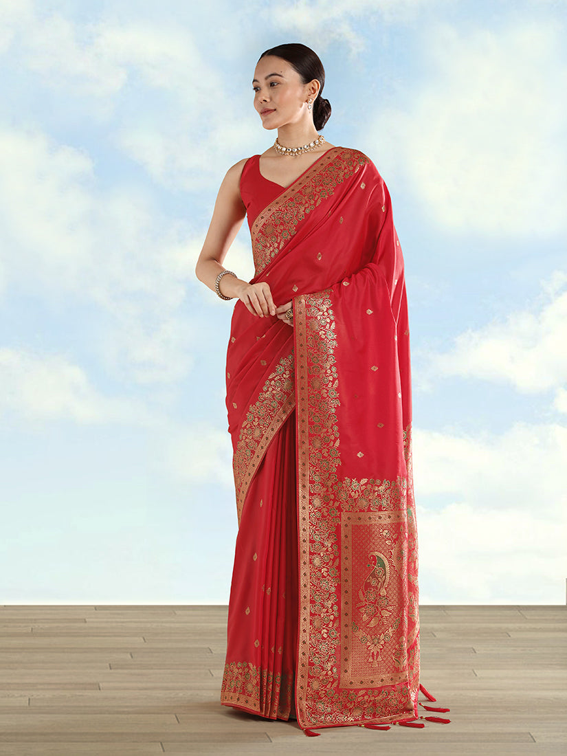 Monjolika Fashion Red Banarasi Satin Silk Saree With Zari Border And Butti Work | Grocsy