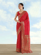 Monjolika Fashion Red Banarasi Satin Silk Saree With Zari Border And Butti Work | Grocsy