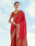 Monjolika Fashion Red Banarasi Satin Silk Saree With Zari Border And Butti Work | Grocsy