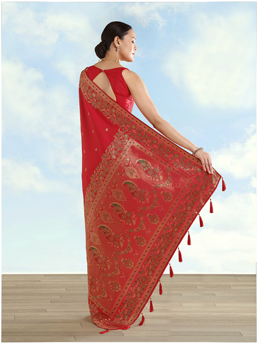 Monjolika Fashion Red Banarasi Satin Silk Saree With Zari Border And Butti Work | Grocsy
