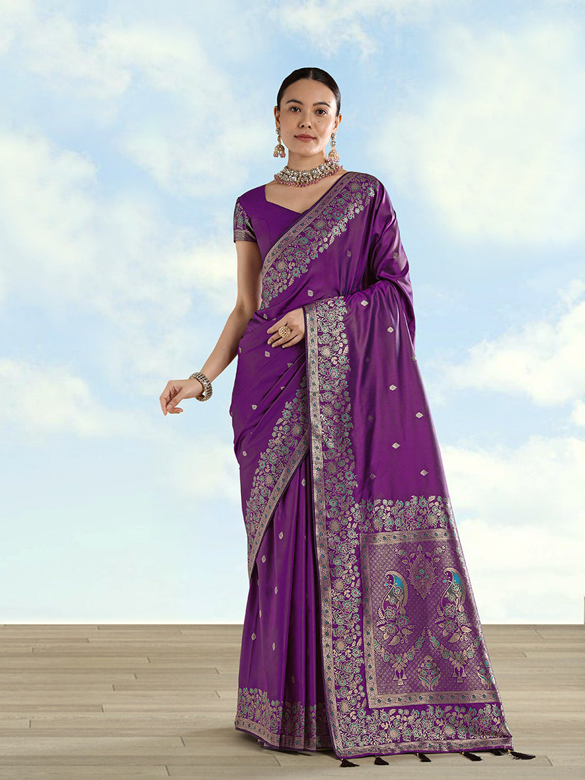 Monjolika Fashion Purple Banarasi Satin Silk Saree With Zari Border And Butti Work | Grocsy