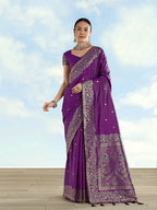 Monjolika Fashion Purple Banarasi Satin Silk Saree With Zari Border And Butti Work | Grocsy