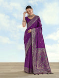 Monjolika Fashion Purple Banarasi Satin Silk Saree With Zari Border And Butti Work | Grocsy