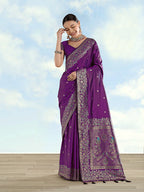 Monjolika Fashion Purple Banarasi Satin Silk Saree With Zari Border And Butti Work | Grocsy