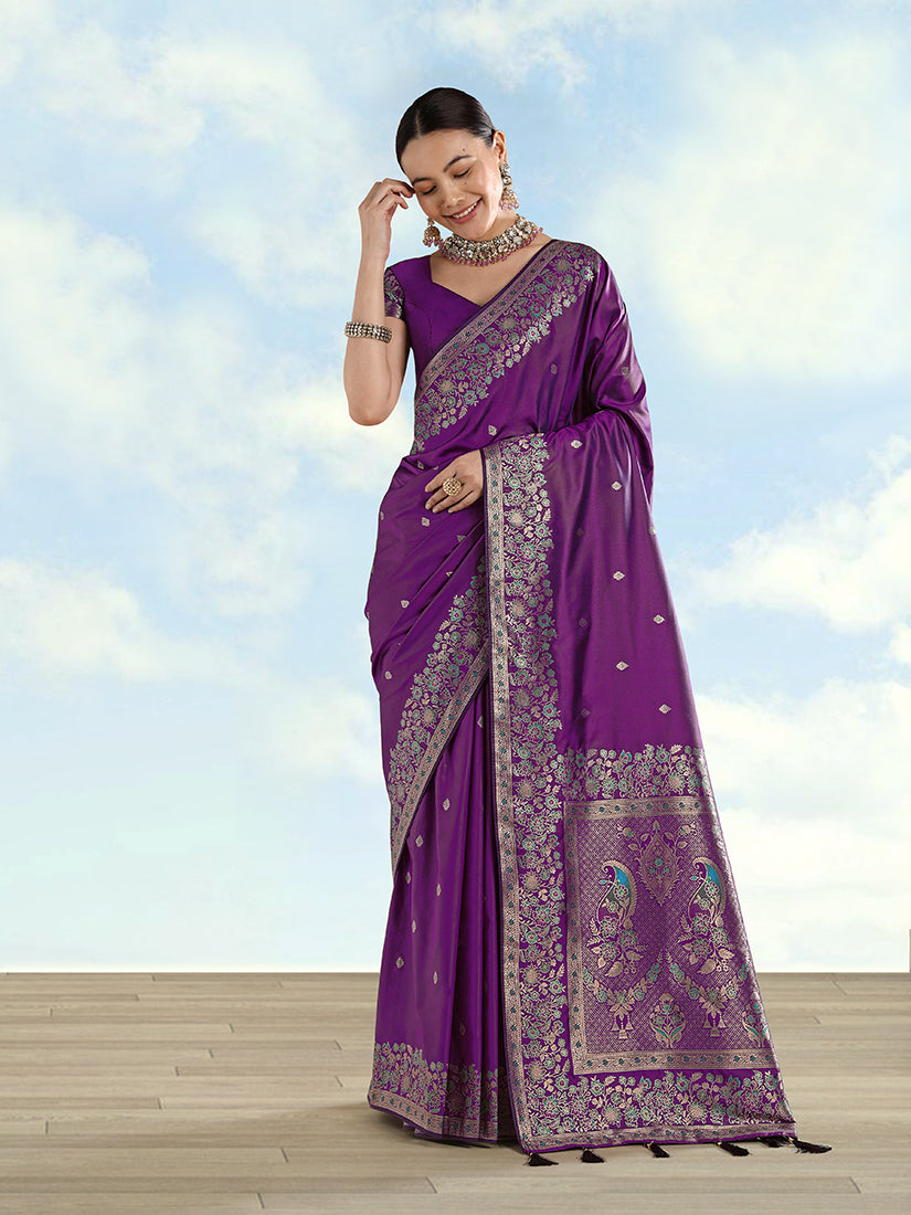 Monjolika Fashion Purple Banarasi Satin Silk Saree With Zari Border And Butti Work | Grocsy