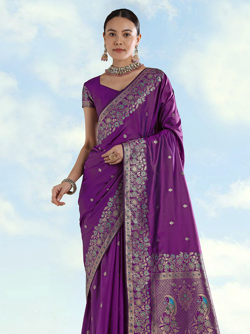 Monjolika Fashion Purple Banarasi Satin Silk Saree With Zari Border And Butti Work | Grocsy